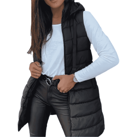 Women's Solid Color Sleeveless Hooded Vest, Mid-Length Zip-Front Waistcoat With Pockets For Spring And Fall Layering (Option: Black-S)