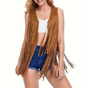 Women's Fringe Vest Sleeveless 70s Hippie Faux Suede Trim Western Cowgirl Tassel Jacket Cardigan (Option: Brown-S)