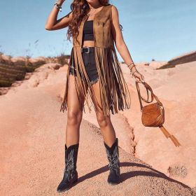 Women's Solid Color Elegant Western Fringe Vest - Round Neck Side Slit Hem With Boho Tassel Details (Option: Brown-S)