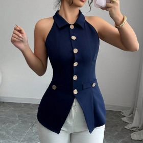 Women's Elegant Solid Sleeveless Vest - Button Front Lapel Top, Slim Fit Camisole For Spring&Summer (Option: Dark blue-S)