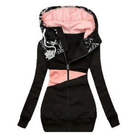 Plus Size Women's Color-Block Hooded Jacket, Full-Zip Long Sleeve Casual Blazer Coat For Winter Formal And Daily Wear (Option: Black-S)