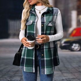 Women's Plaid Print Vest With Lapel Collar Long Sleeveless Button Front Mid-Length Jacket For Spring And Fall Layering (Option: Green-S)