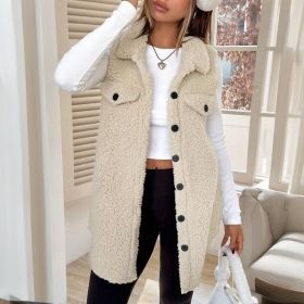 Women's Wool-Like Sleeveless Vest With Lapel, Solid Color Mid-Length Button Up Waistcoat For Layering, Casual & Formal Outfits (Option: Apricot-S)