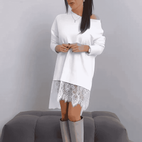 Women's Casual Long Sleeve Round Neck Sweatshirt, Asymmetrical Hem With Lace Detail Loose Top (Option: White-S)